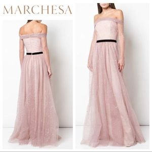 MARCHESA Long Sleeve Off The Shoulder Glitter Gown